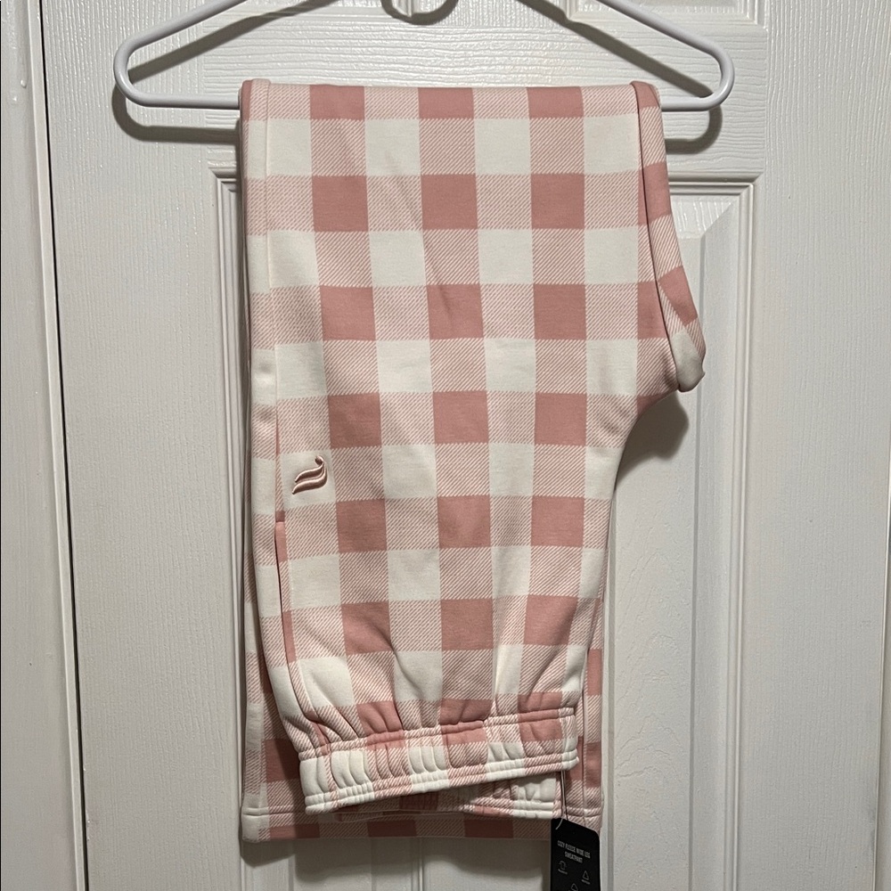 Fabletics Pink and White Checkered Wide Leg Pants